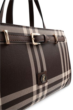 Silver Polo Kahve - Kahve Çizgili Ekose Kadın El Çantası SP1298