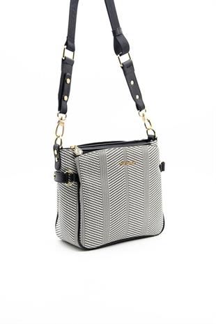 Silver & Polo SP884 Kadın Çapraz Çanta Hasır Siyah Beyaz-Siyah