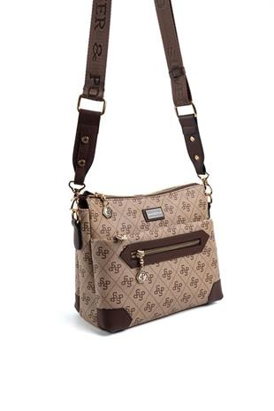 Silver & Polo SP1110 Kadın Çapraz Çanta Monogram Koyubej-Kahve