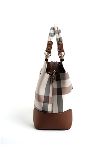 Silver & Polo SP706 Kadın El Çantası Ekose Krem-Taba