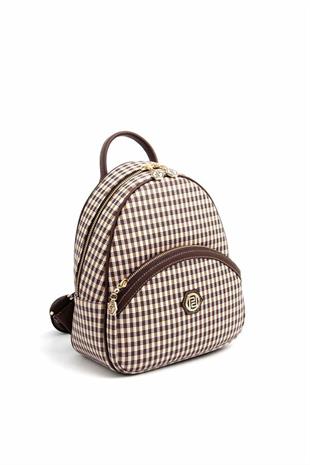 Silver & Polo SP945 Kadın Sırt Çantası Ekose Line Kare Kahve Sarı-Kahve