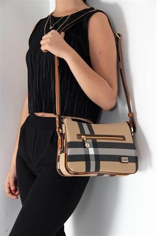 Silver & Polo SP818 Kadın Çapraz Çanta Ekose Bej-Taba