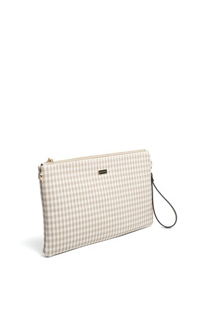 Silver & Polo SP1034 Kadın Portföy & Clutch Ekose Line Kare Kum Beji-Kum Beji