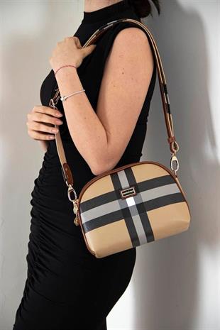 Silver & Polo SP765 Kadın Çapraz Çanta Ekose Bej-Taba