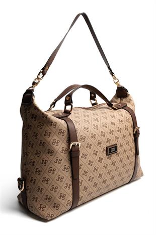 Silver & Polo SP1064 Kadın Seyahat Çantası Monogram Koyubej-Kahve