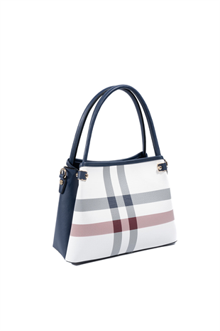 Silver & Polo SP1254 Kadın El Çantası Ekose Beyaz-Lacivert