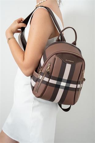 Silver & Polo SP906 Kadın Sırt Çantası Ekose Koyu Kahve-Kahve