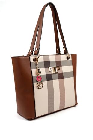 Silver Polo SP1176 Kadın Omuz Çantası Ekose Krem-Taba