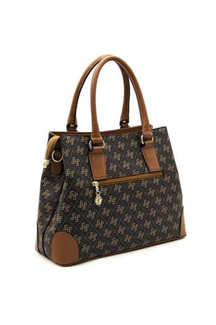 Silver & Polo SP667 Kadın El Çantası Monogram Kahve Sarı-Taba