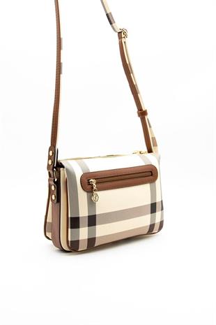 Silver & Polo SP784 Kadın Çapraz Çanta Ekose Krem-Taba