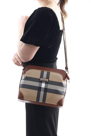 Silver & Polo SP364 Kadın Çapraz Çanta Ekose Bej-Taba