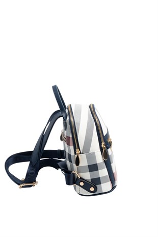 Silver & Polo SP983 Kadın Sırt Çantası Ekose Beyaz-Lacivert