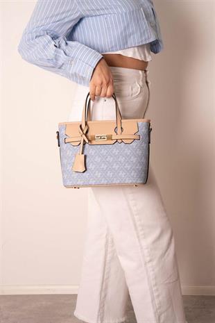 Silver & Polo SP1185 Kadın El Çantası Monogram Mavi-Ten