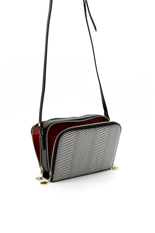 Silver & Polo SP888 Kadın Çapraz Çanta Hasır Siyah Beyaz-Siyah