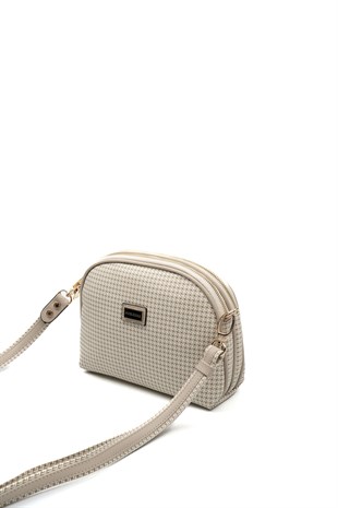 Silver & Polo SP765 Kadın Çapraz Çanta Kaz Ayağı Ekose Kum-Kum Beji