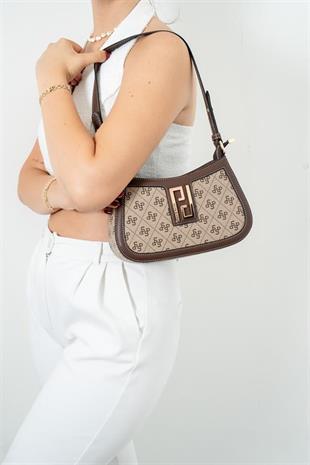 Silver & Polo SP1132 Kadın Çapraz Çanta Monogram Koyubej-Kahve