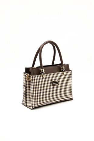 Silver & Polo SP826 Kadın El Çantası Ekose Line Kare Kahve Sarı-Kahve