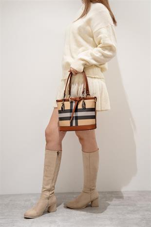 Silver & Polo SP1155 Kadın El Çantası Ekose Bej-Taba