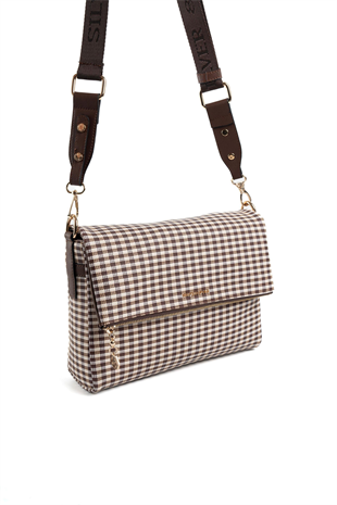 Silver & Polo SP963 Kadın Çapraz Çanta Ekose Line Kare Kahve Sarı-Kahve