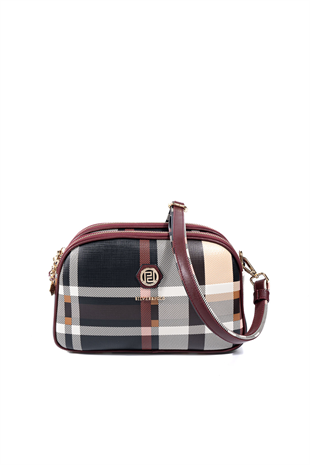 Silver & Polo SP745 Kadın Çapraz Çanta Ekose Siyah-Bordo