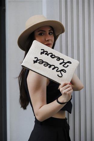 Silver & Polo SP1034 Kadın Portföy & Clutch Dokuma Hasır Bej-Siyah