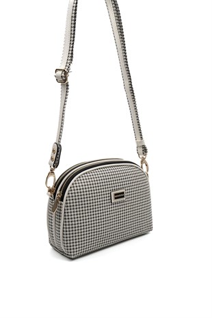 Silver & Polo SP765 Kadın Çapraz Çanta Kaz Ayağı Ekose Siyah-Kemik