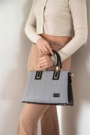 Silver & Polo SP1000 Kadın El Çantası Hasır Siyah Beyaz-Siyah