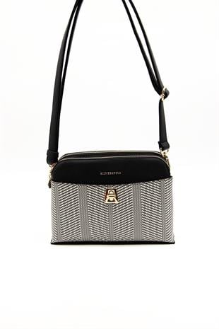Silver & Polo SP623 Kadın Çapraz Çanta Hasır Siyah Beyaz-Siyah