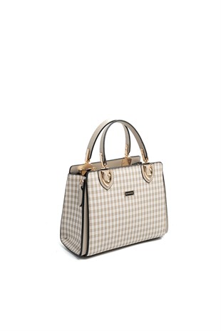 Silver & Polo SP1133 Kadın El Çantası Ekose Line Kare Kum Beji-Kum Beji