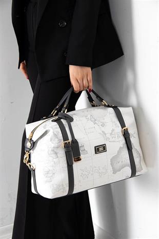 Silver & Polo SP1064 Kadın Seyahat Çantası Harita Beyaz-Antrasit