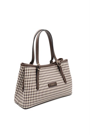 Silver & Polo SP1252 Kadın El Çantası Ekose Line Kare Kahve Sarı-Kahve