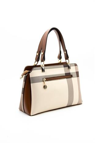 Silver & Polo SP972 Kadın El Çantası Ekose Krem-Taba