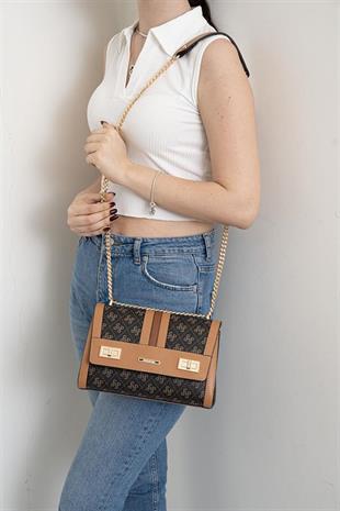 Silver & Polo SP1139 Kadın Çapraz Çanta Monogram Kahve Sarı-A.Taba