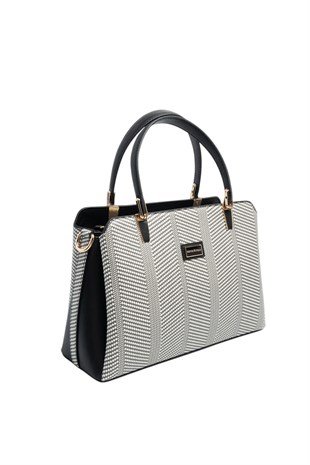 Silver & Polo SP9721 Kadın El Çantası Hasır Siyah Beyaz-Siyah