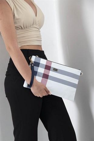 Silver & Polo SP1034 Kadın Portföy & Clutch Ekose Beyaz-Lacivert