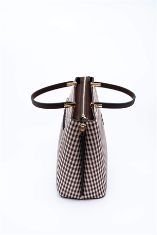 Silver & Polo SP924 Kadın El Çantası Ekose Line Kare Kahve Sarı-Kahve