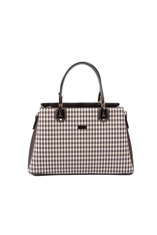 Silver & Polo SP1253 Kadın El Çantası Ekose Line Kare Kahve Sarı-Kahve