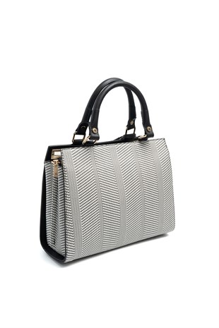 Silver & Polo SP1174 Kadın El Çantası Hasır Siyah Beyaz-Siyah