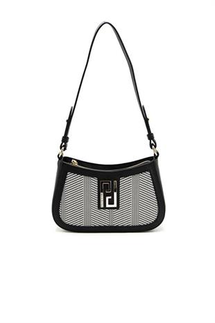 Silver & Polo SP1132 Kadın Çapraz Çanta Hasır Siyah Beyaz-Siyah