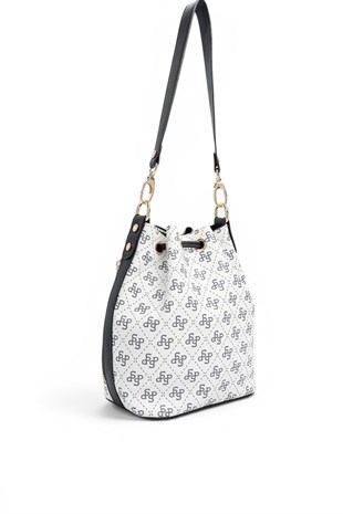Silver Polo Beyaz - Siyah Monogram Kadın Omuz Çantası SP1137