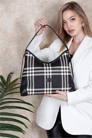Silver Polo Siyah - Siyah Çizgili Ekose Kadın Omuz Çantası SP1285