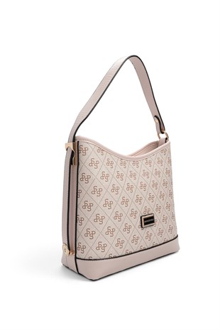 Silver Polo Pembe - Pudra Monogram Kadın Omuz Çantası SP1286
