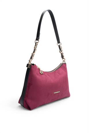Silver Polo Bordo - Siyah Süet Kadın Omuz Çantası SP1290