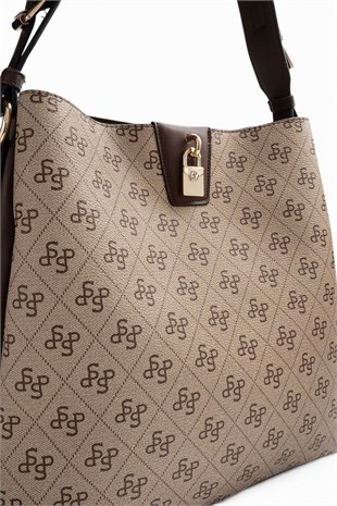 Silver Polo Koyu Bej - Kahve Monogram Kadın Omuz Çantası SP1295