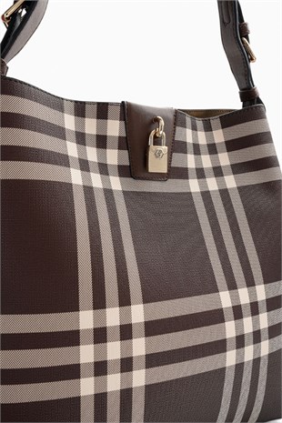 Silver Polo Kahve - Kahve Çizgili Ekose Kadın Omuz Çantası SP1295