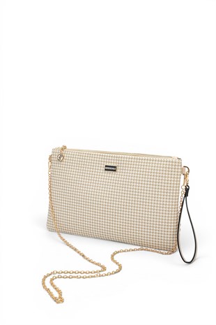 Silver Polo Kum - Kum Beji Kaz Ayağı Ekose Kadın Portföy ve Clutch El Çantası SP1034