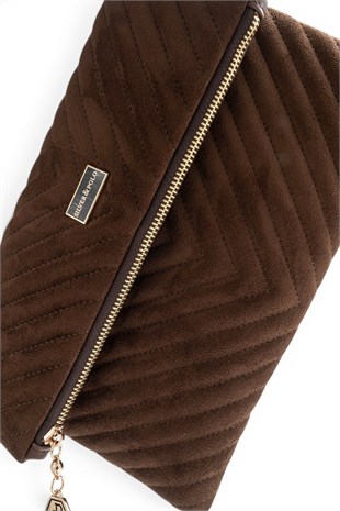 Silver Polo Süet Kahve - Süet Kahve Kapitone V Kadın Portföy ve Clutch El Çantası SP1134