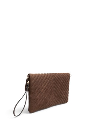 Silver Polo Süet Kahve - Süet Kahve Kapitone V Kadın Portföy ve Clutch El Çantası SP1134