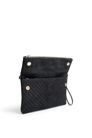 Silver Polo Süet Siyah - Süet Siyah Kapitone V Kadın Portföy ve Clutch El Çantası SP1134