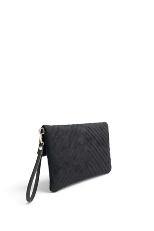 Silver Polo Süet Siyah - Süet Siyah Kapitone V Kadın Portföy ve Clutch El Çantası SP1134